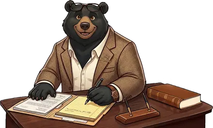 Big Bubba seated at a desk in a tweed jacket, working through paperwork on a legal pad