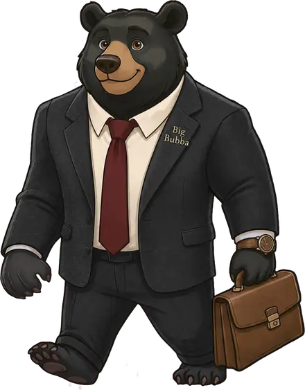Big Bubba in a suit and tie, walking toward the camera